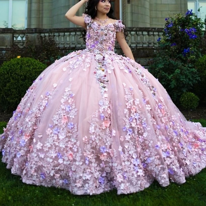 Pinnk Shiny Off The Shoulder Ball Gown Quinceanera Dresses Appliques Flower Beading Tull Sweet 16 Dress vestidos 15 de anos