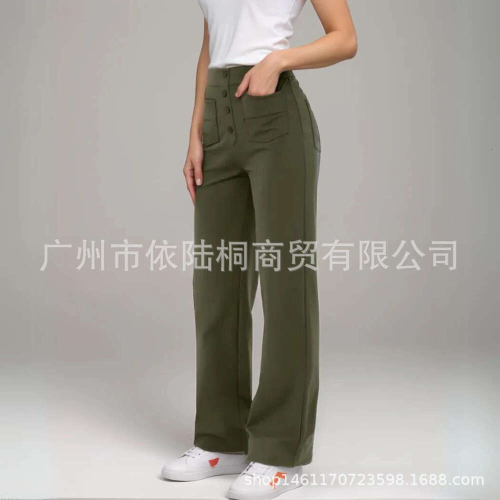 Fashion New Women's Casual Straight Pants High Waist Button Elastic With Multiple Pockets B5