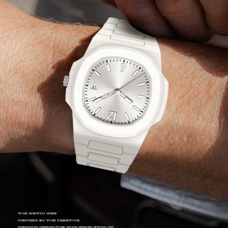 Classic Square Black and White Plastic Particle Quartz Watch for Mens Casual Waterproof Night Light Clock Relogio Masculino Y250605