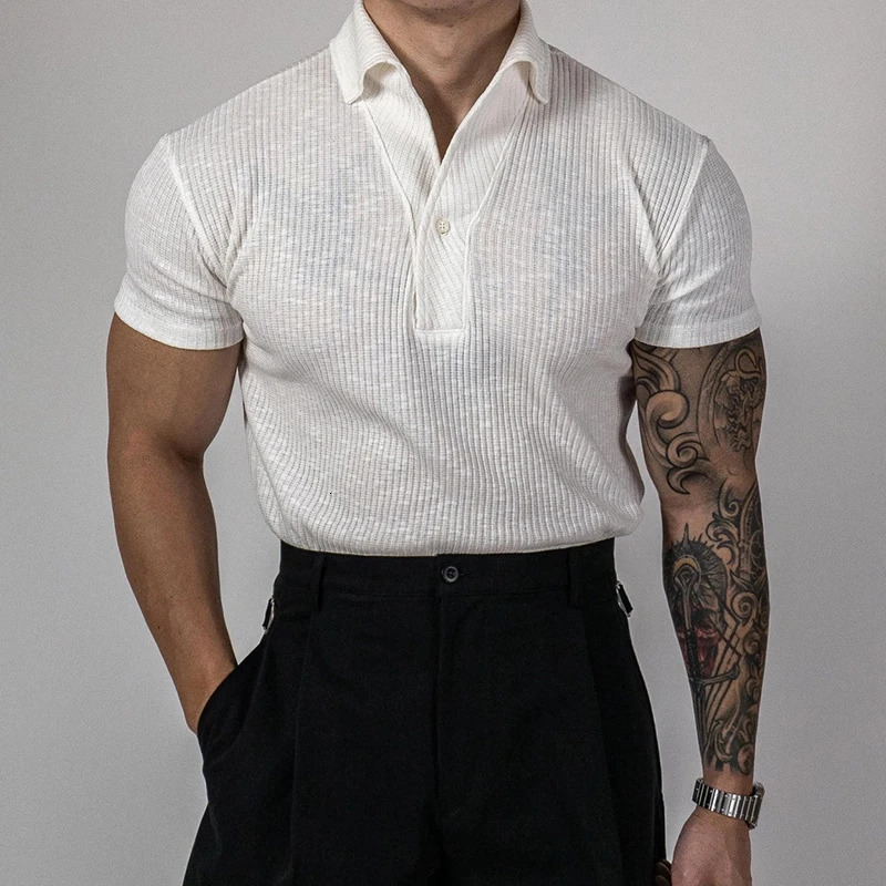 Trendy Ribbed Polo Shirts For Men Sports Fitness Muscle Short Sleeve Slim Stretch Tops Casual Pure Color Lapel Polo Mens T Shirt 250605