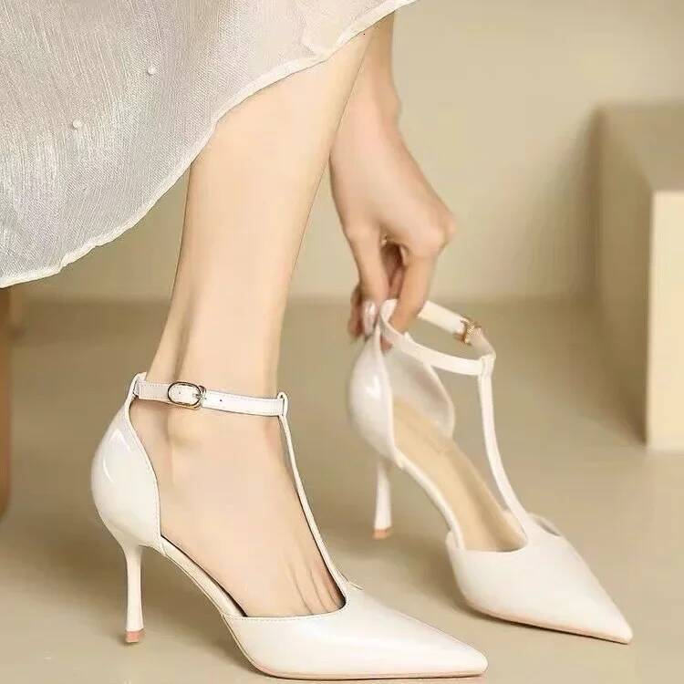 Ddmyoutdoor Red High Heels Women Hollow Pointed Toe Pumps Fashion T Type Ankle Buckle Strap Ladies New Sexy Party Dress Shoes Outdoor Shoes