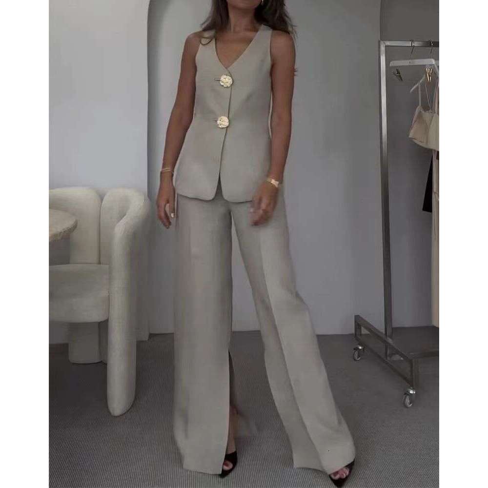Women's Elegant Solid Color V-Neck Sleeveless Vest And High-Waisted Wide-Leg Pants Set B5