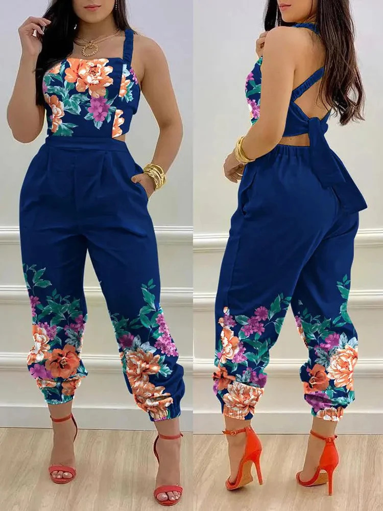 Summer Fashion Printed Sleeveless Jumpsuit Sexy Hollow Backless Lace Up Long Jumpsuits Elegant Casual Jumpsuit With Pocket 250605