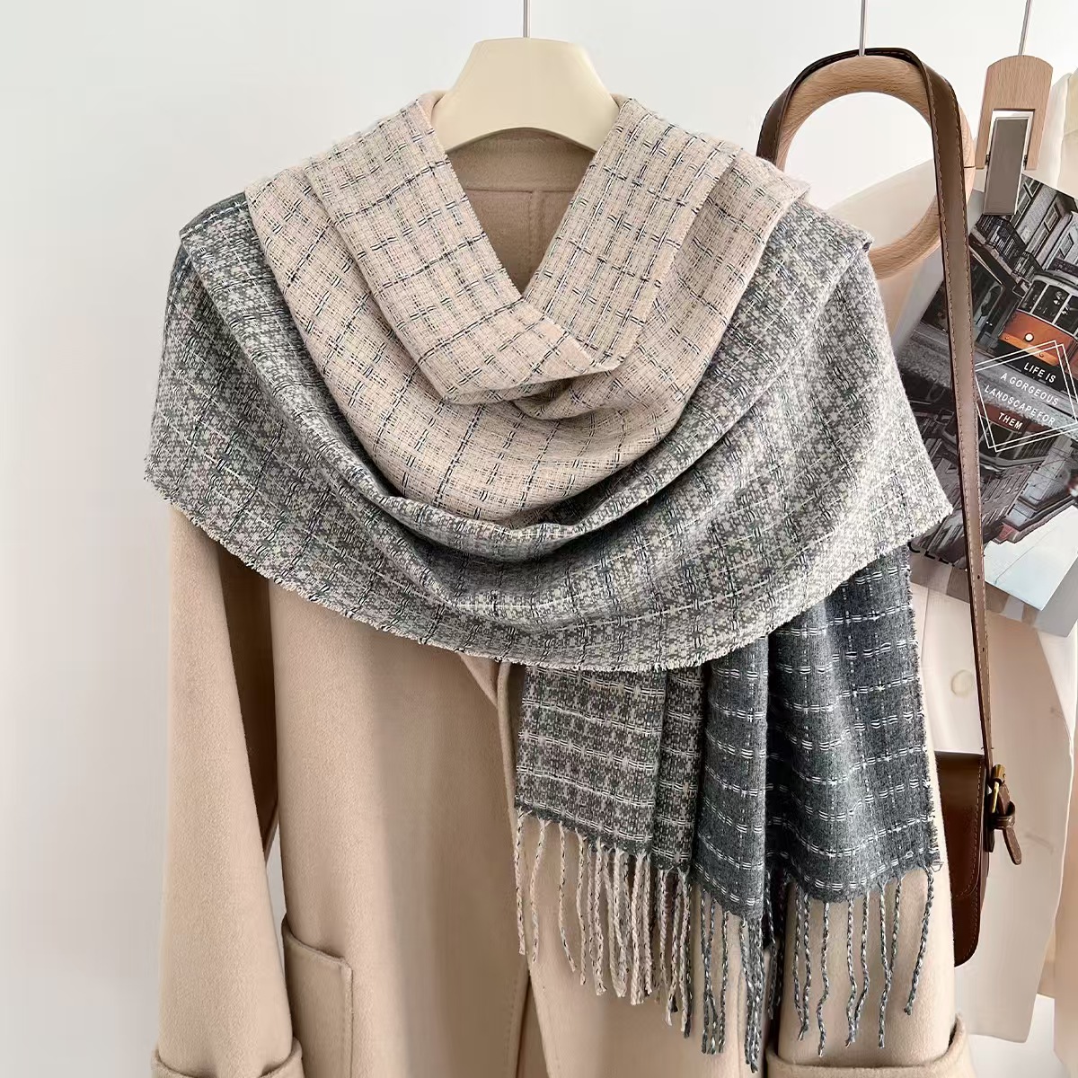 IIII New color matching small plaid cashmere scarf temperament versatile warm neck scarf winter cold protection outer shawl