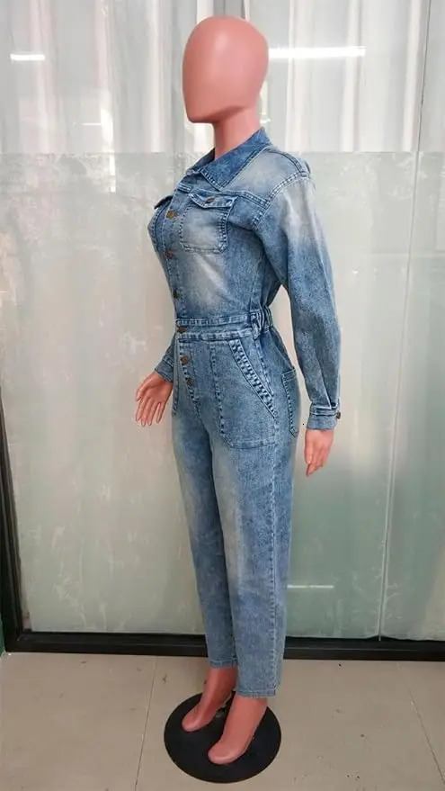Womens Slim Fit Denim Jumpsuit - Long Sleeve Sexy Button Front with Pockets Casual Streetwear Outfit 250530