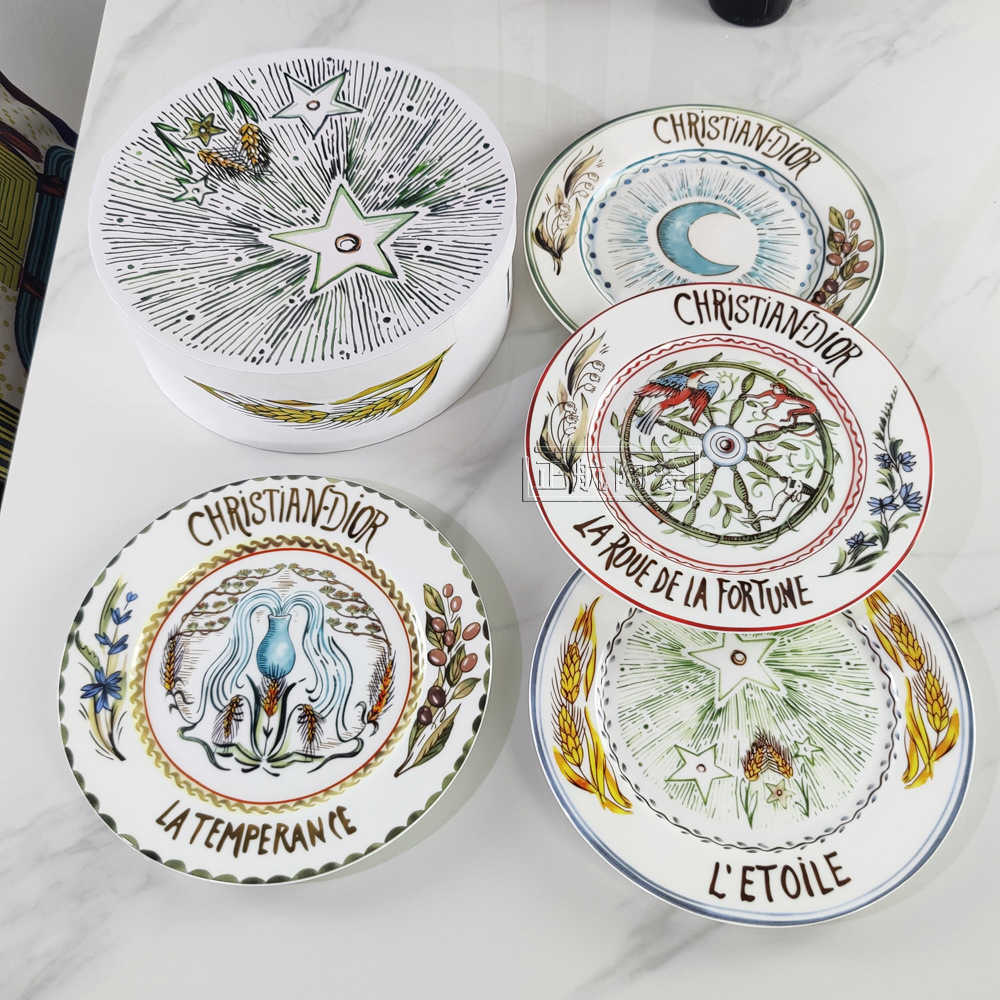 D Brand High-end Exquisite Bone China Western Dinner Plate Sun Moon Star 8inch Flat Plate Steak Salad Ceramic 4-piece Set S2566