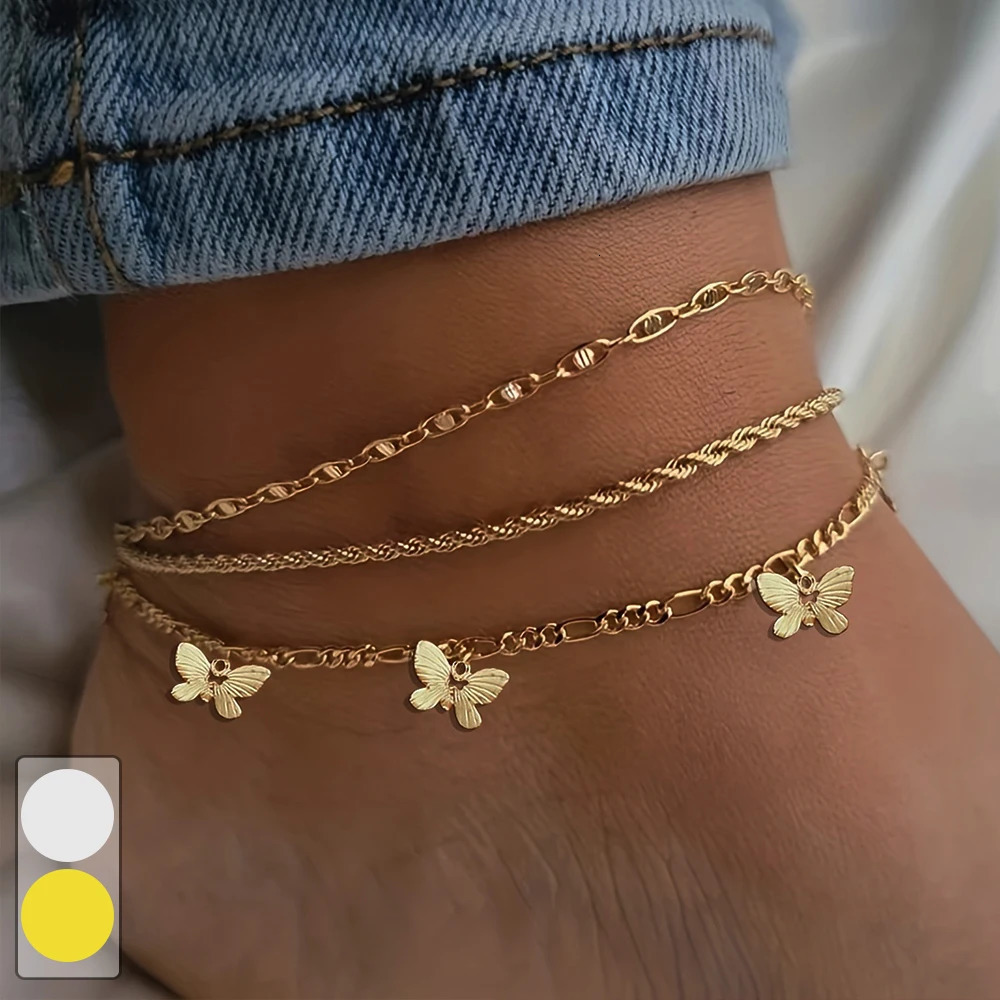 13pcs Simple Metal Chain Butterfly Pendant Anklet for Women Adjustable Layered Vintage Minimalist Beach Anklet Set Foot Jewelry 250528