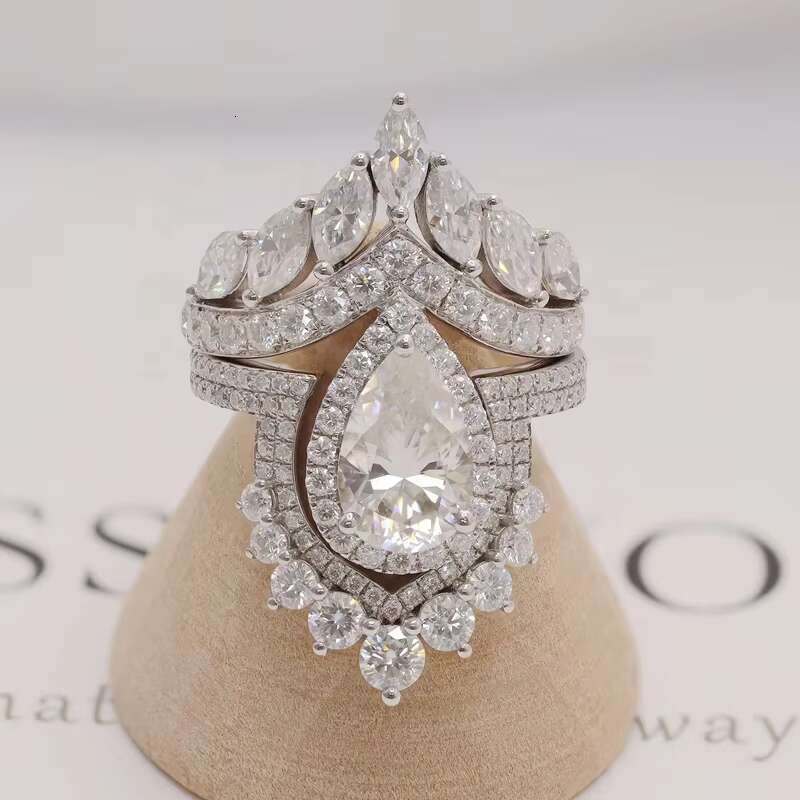 Paston Custom Fine Jewelry 925 Silver DE VVS1 3ct Pear Moissanite Luxury Ring Set With Moissanite Ring Band Wholesale Price