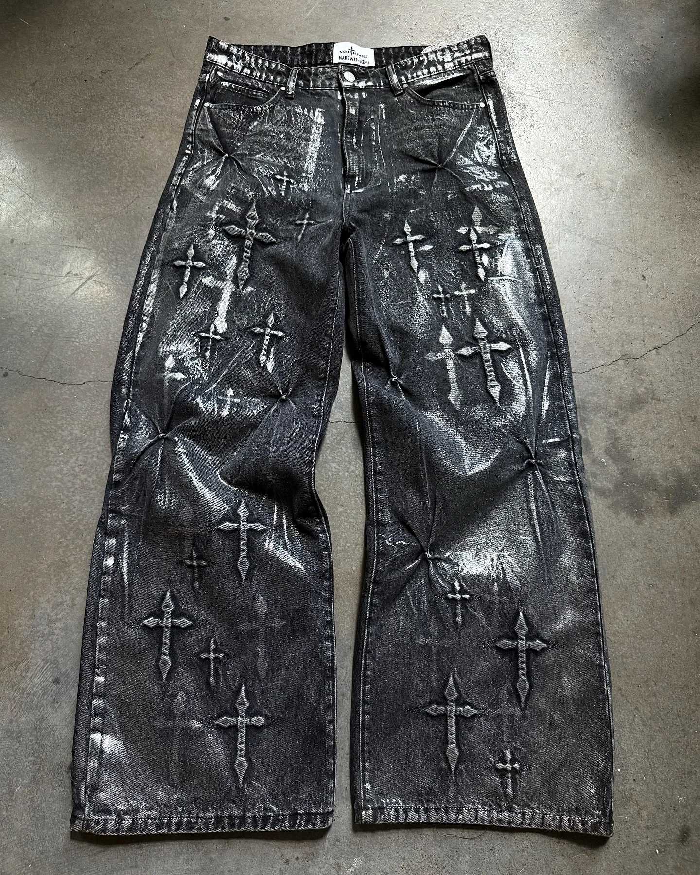 American Gothic Retro Cross Embroidery Washed Heavy Loose Jeans Mens Y2K New Popular Harajuku Hip-Hop Rock Couples Street Wear Z250605