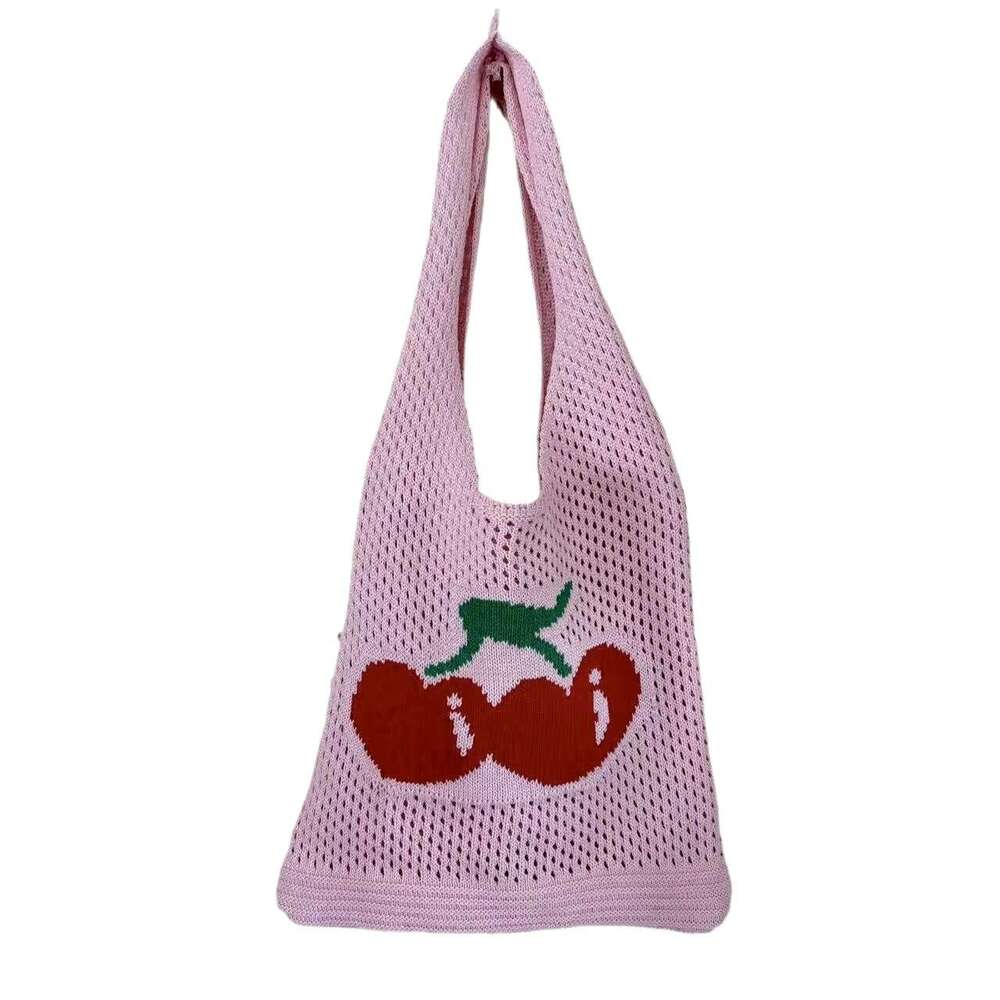 New Large Capacity Tote Cherry Knitted Hollow Shoulder Woven Bag B5