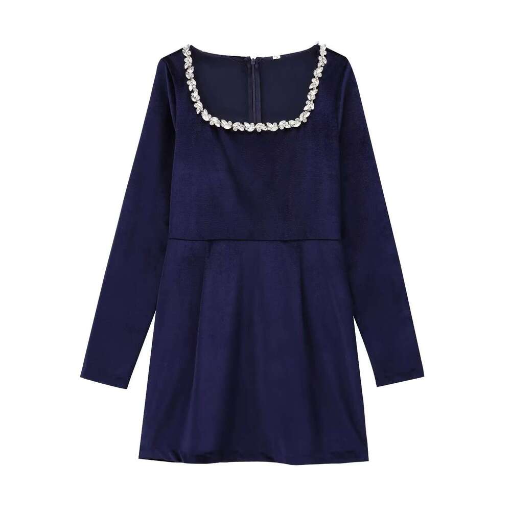 Women's Autumn Winter New Rhinestone Embellished Long Sleeve French Waist-Cinching Elegant Velvet Mini Dress B5