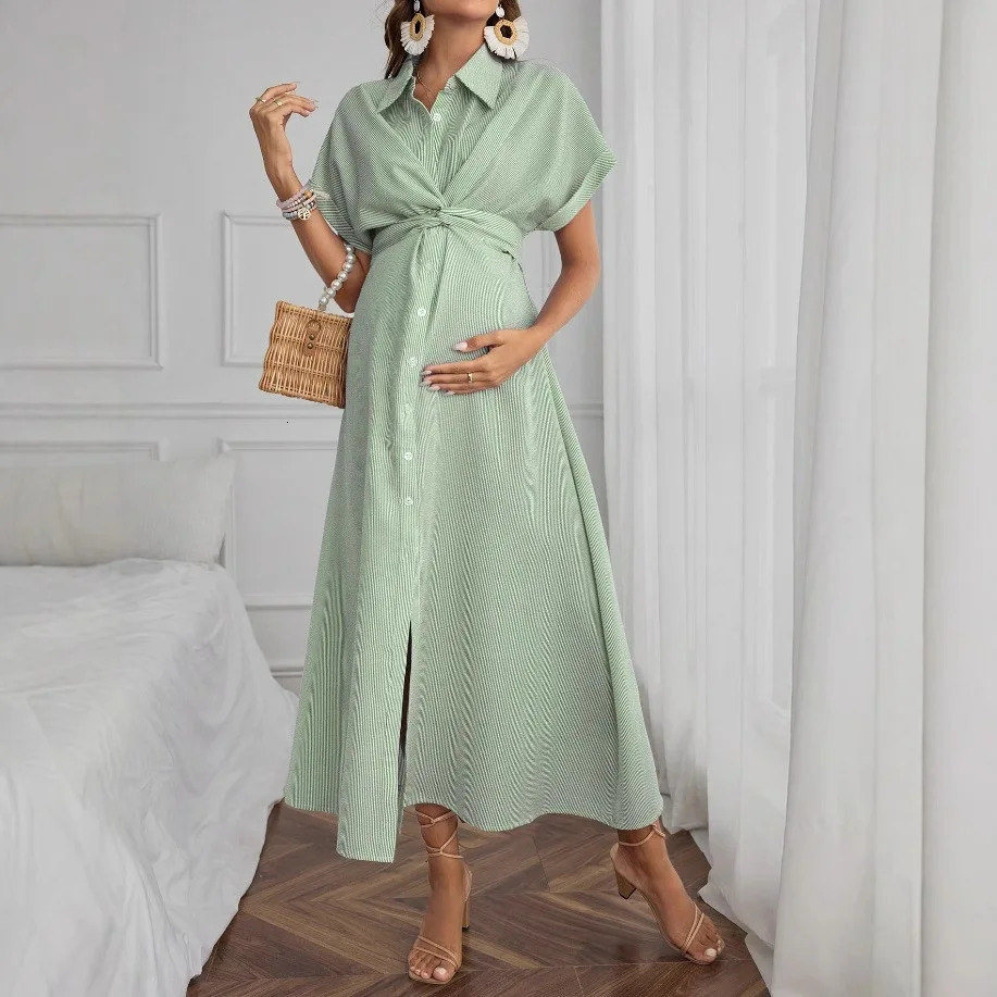Summer Dress for Pregnant Women Striped Clothing Short-sleeved Button Maternity Dress Fashionable Casual Shirt Pregnancy Clothes 250530
