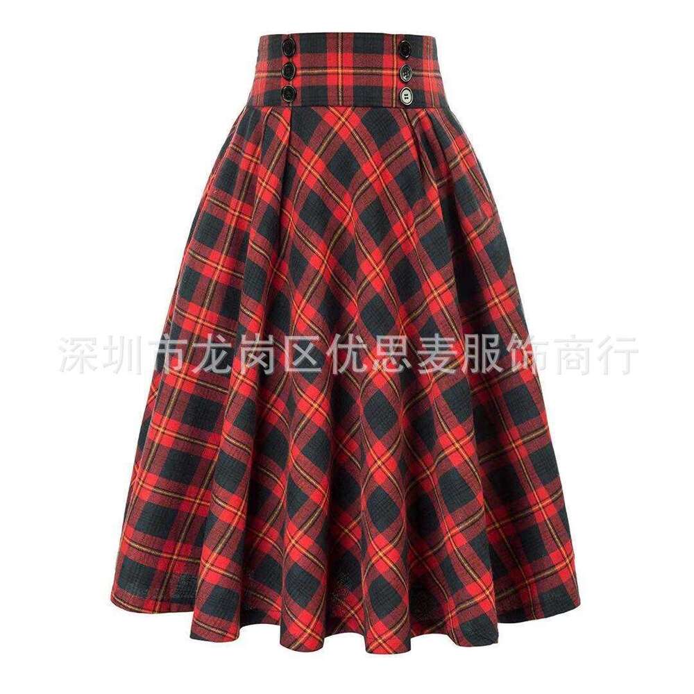 24 New Color-Block Decorated Plaid For Women Versatile Flared Skirt B5