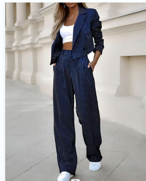 Women's Fashion Elegant Casual Striped Short Lapel Blazer Straight Pants Set B5