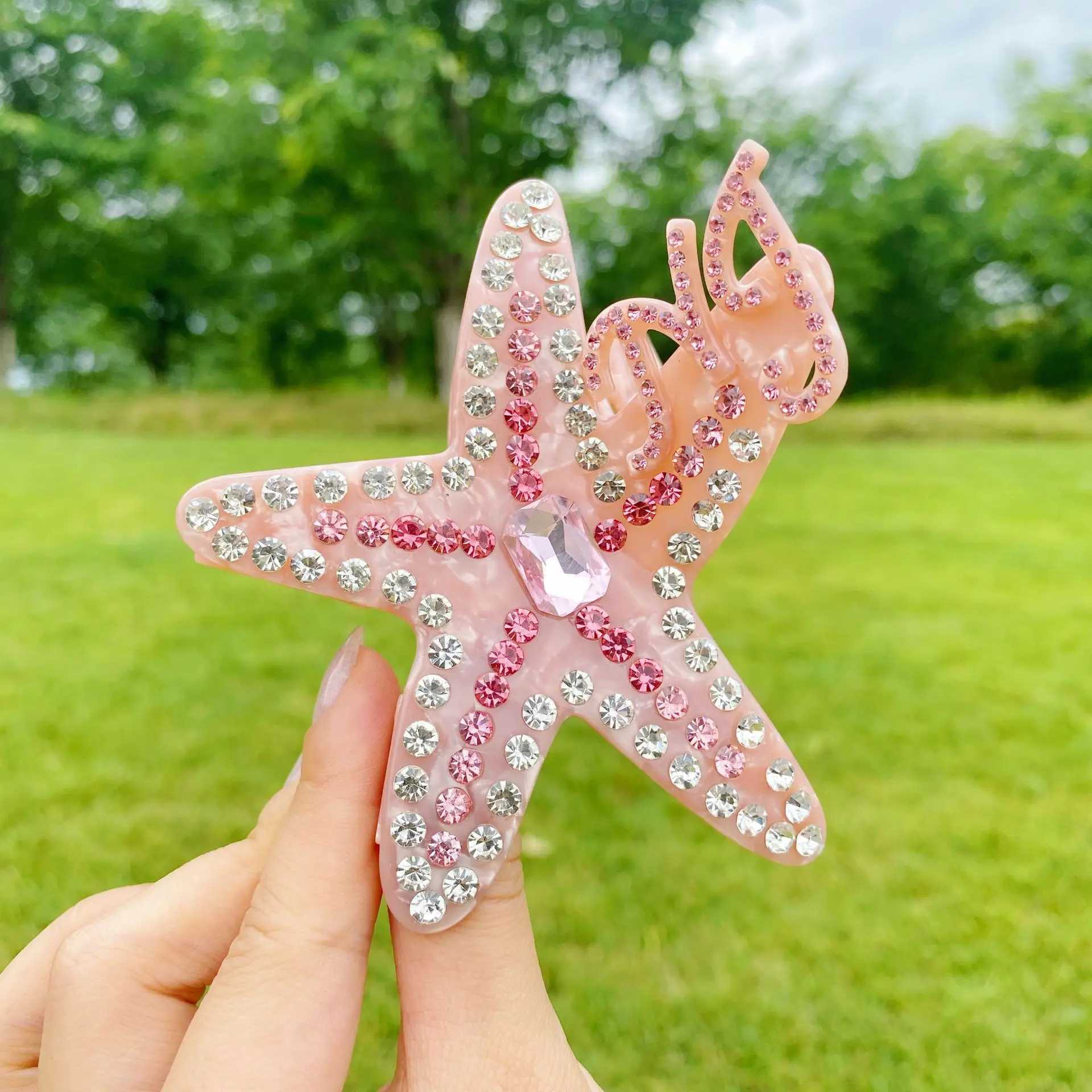 HANGZHI Pink Starfish Rhinestone Hair Clip Sparkling Eye-catching Shark Clip Summer Beach Holiday Hair Accessories for Women Z250605