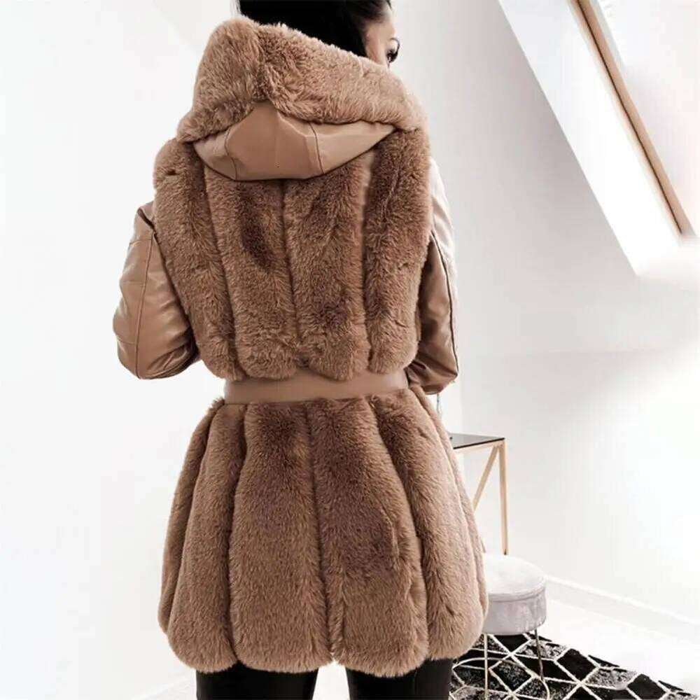 Faux Rabbit Winter Long Fur Hooded Loose Lapel Overcoat Thermal Plush Tight Waist Coat Women Jackets