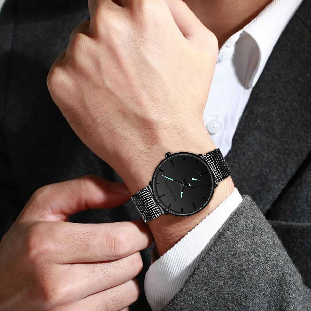 Hannah Martin Mens Watch Fashion Blue Black Timing Small Dial Original Quartz Movement Stainless Steel Casual Sports Mens Watches Y250605