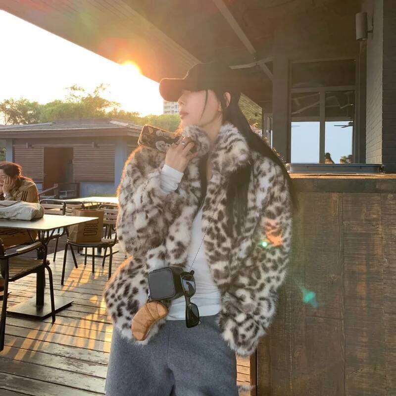 Fashion Leopard Print Faux Fur Coat for Women Turn-down Collar Long Sleeve Chic Jacket Female 2024 Autumn Winter Outwear