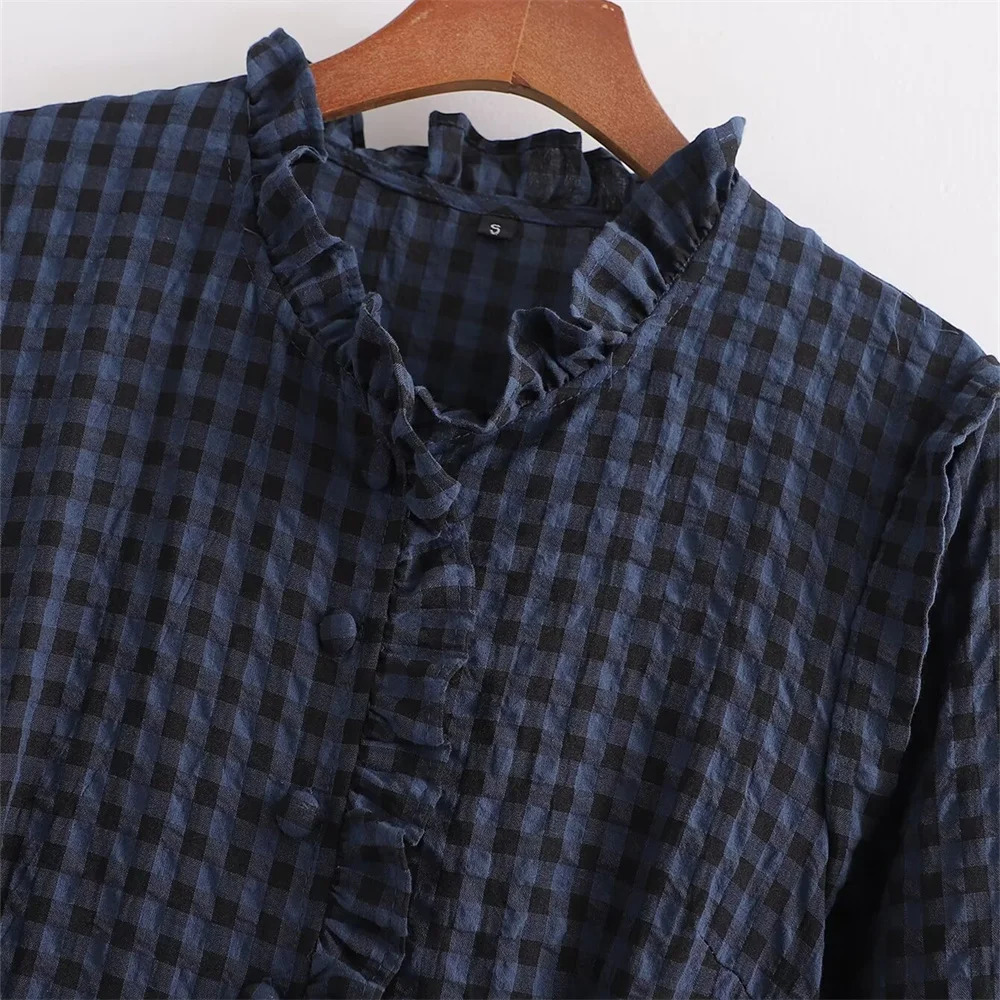 Zach Ailsa Spring Product Womens Casual Style Slim Fit Lace Collar Decoration Long Sleeve Plaid Jumpsuit 250603