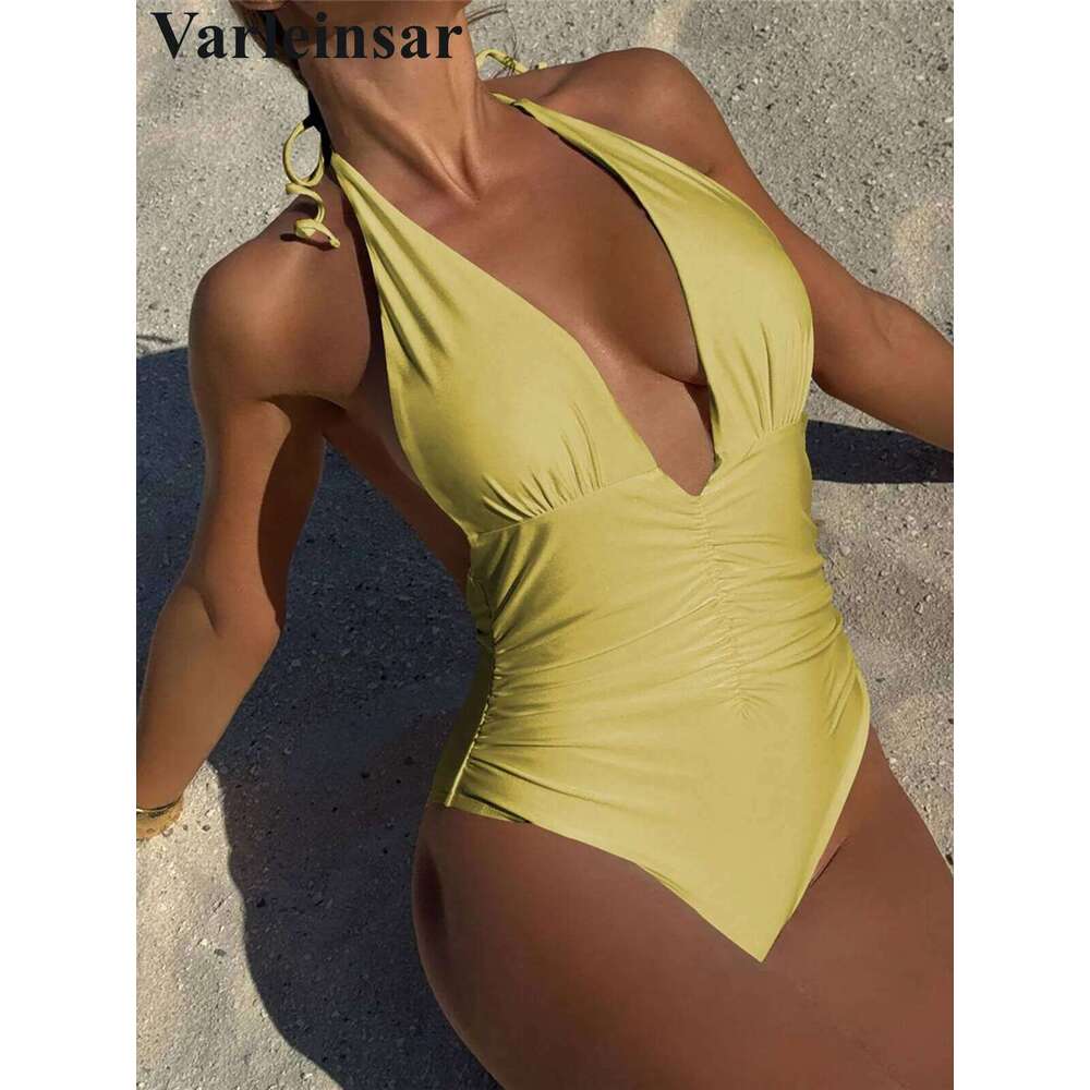 Sexy Deep V Neck Halter Backless One Piece Swimsuit Women Swimwear Female High Cut Leg Monokini Bather Bathing Suit Swim V6581