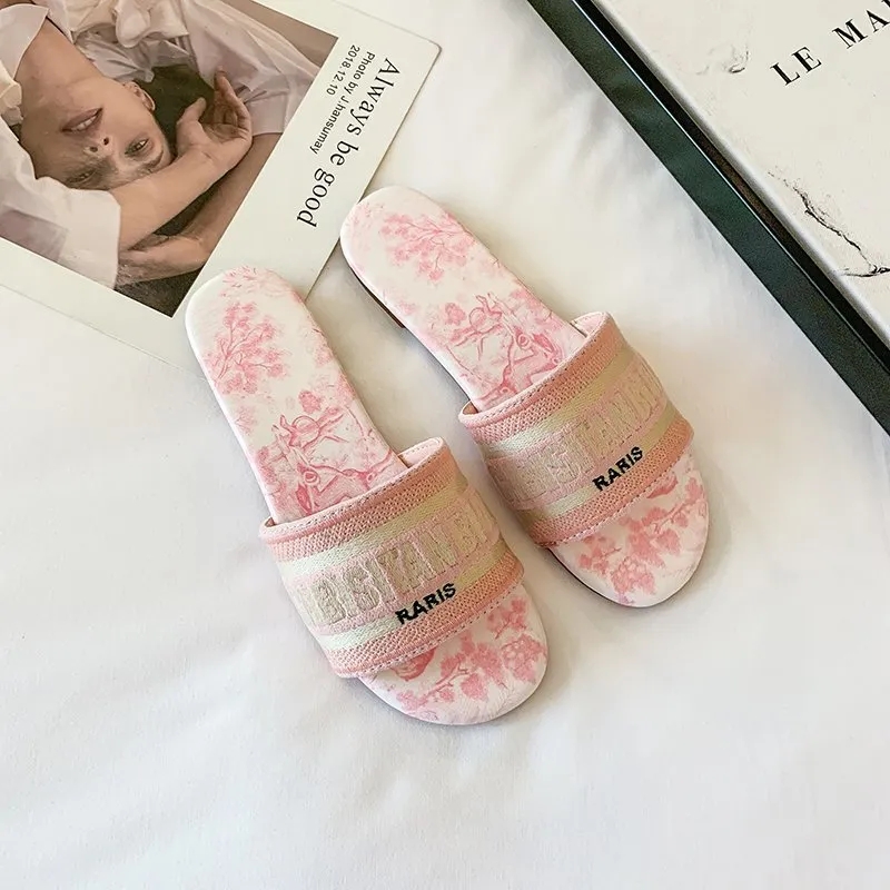 2025 New Women's Designer Embroidered Slide Slippers - Blue & Pink Fashion Flats | Free Shipping | Summer Home & Outdoor Sandals