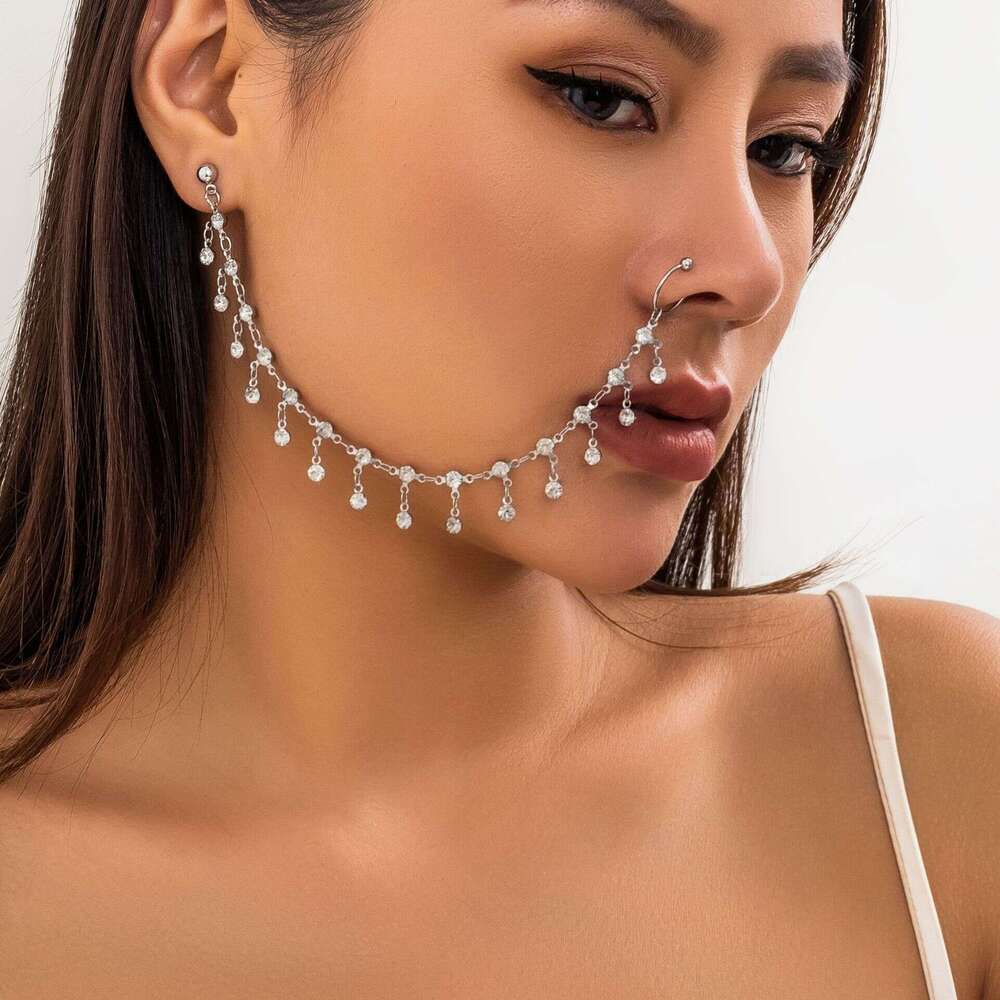 Ethnic Style Jewelry Earrings for Women Chain Stud Stage No Piercing Rhinestone Tassel Nose Ring