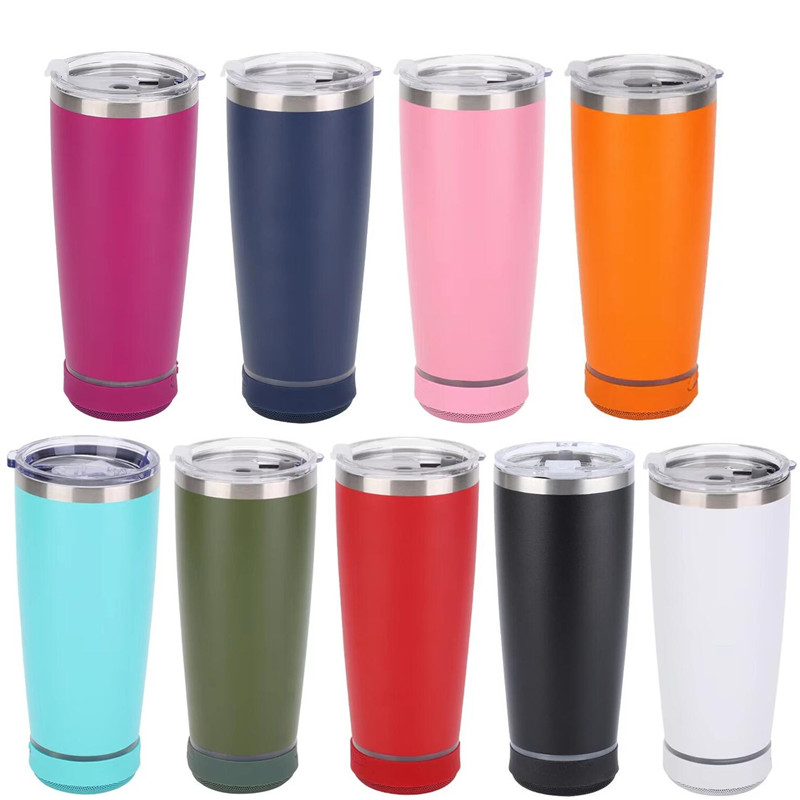 20oz Music Speaker Tumbler With LED Flashing Light Double Wall Stainless Steel Vacuum Insulated Cups With Waterproof Mini Wireless Bluetooth Speaker