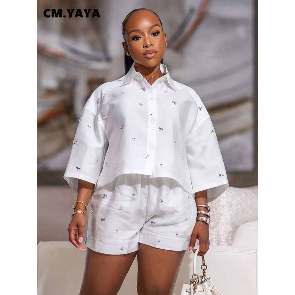 CM.YAYA Fashion Beading Women's Set 3/4 Sleeve Shirt Tops and Shorts 2025 Summer Street Two 2 Piece Sets Outfits Tracksuit