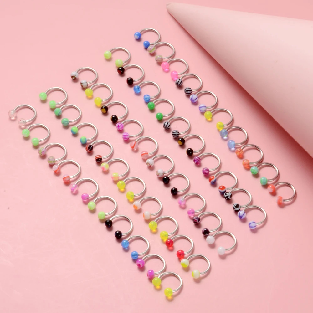 50 Pcs/Lot Mixed Colorful Ball Horseshoe Nose Ring Set Simple Nose Piercing Jewelry Steel Acrylic Nose Studs Body Jewelry 250605