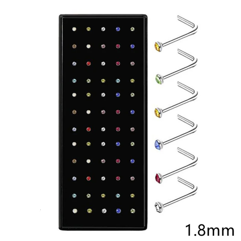 40/60Piece Stainless Steel Nose Stud Set Crystal Nostril Piercing Hoop Bulk L Shape Nose Ring Pack Piercing Nariz Body Jewelry 250605