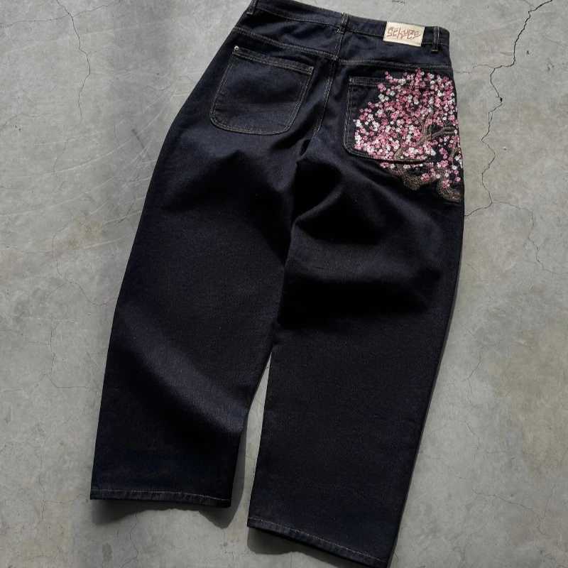 Y2K Baggy jeans Cherry Blossom Selvedge Embroidery Denim Pants for men and women denim fabric American Hip Hop Streetwear Wide Leg Jeans Z250605