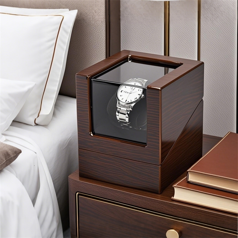 Embers Luxry Single Watch Winder Battery Wooden Shaker Box Automatic Glass Storage Case Mabuchi Motro y250519