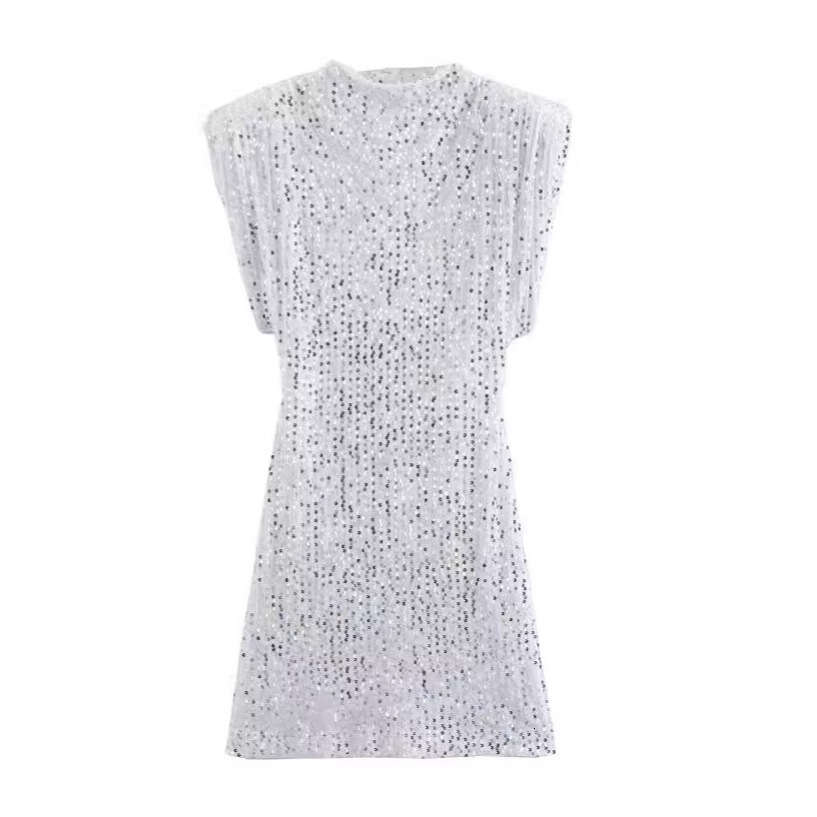 Women's Sequin Embellished Sleeveless Party With Padded Shoulders Mini Dress Y2k B5
