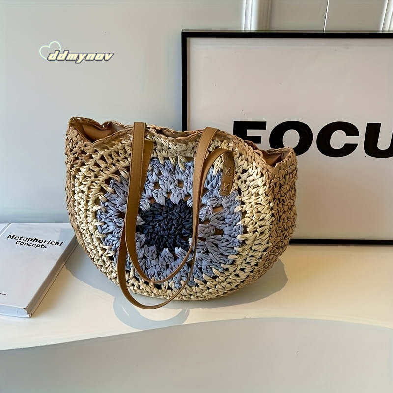 Hollow Out Round New Versatile Shoulder Straw for Women Handwoven Large Capacity Tote Beach Bag ddmynov