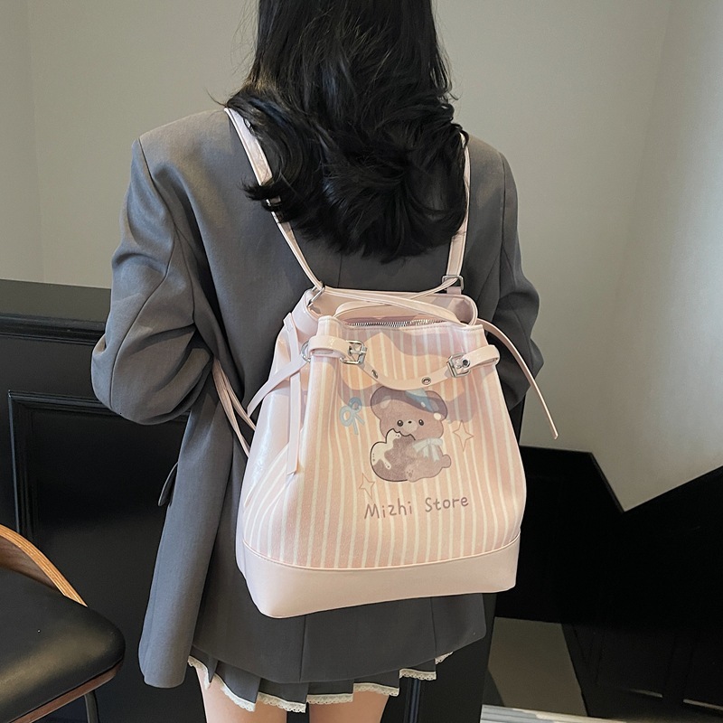 designer Cartoon Print Backpack for Women 2025 New Trendy Fashion Cute Bear Bucket Bag Casual Shoul
