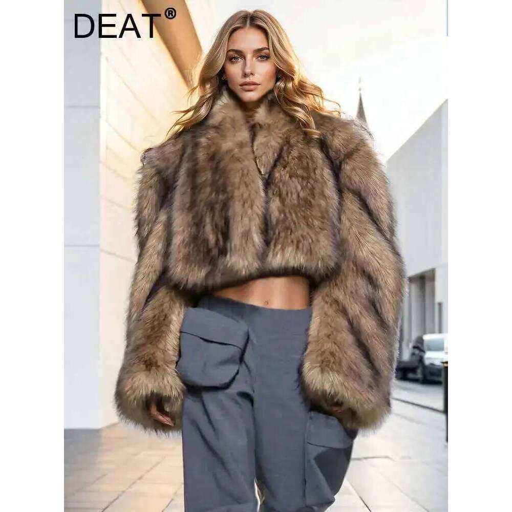 DEAT Fashion Women's Faux Coat V-neck Long Sleeve Loose Thick Imitation Mink Fur Grass Short Jacket Winter 2024 New 7AB5096