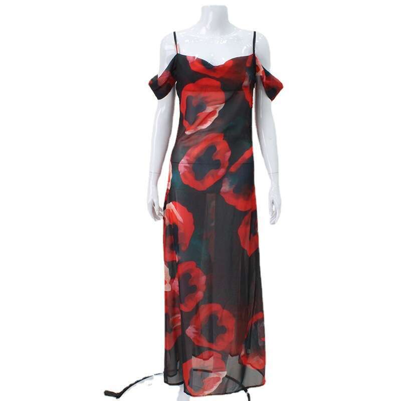 Women's Printed Strap Low-Cut Ice Silk Slightly Sheer Flowing Casual Vacation Long Dress B5