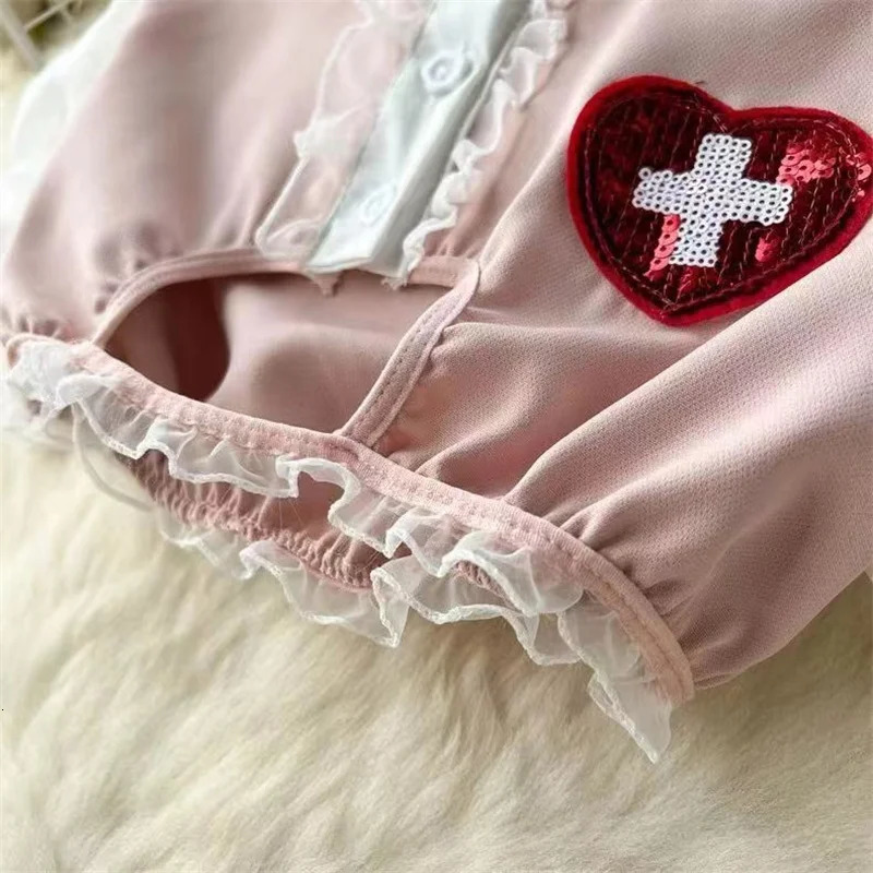 Pink Sexy Cosplay Nurse Uniform Ruffled Bubble Sleeve Crop Top sweet Girl Cute Two Layer Mini Skirt 2-piece Set Women Clothes 250603