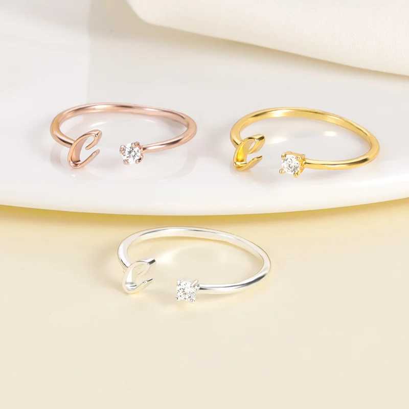 Cute Tiny Rhinestone Rings For Women Stainless Steel Letter Adjustable Rings Initials A - Z Jewelry Anillos Mujer W250606