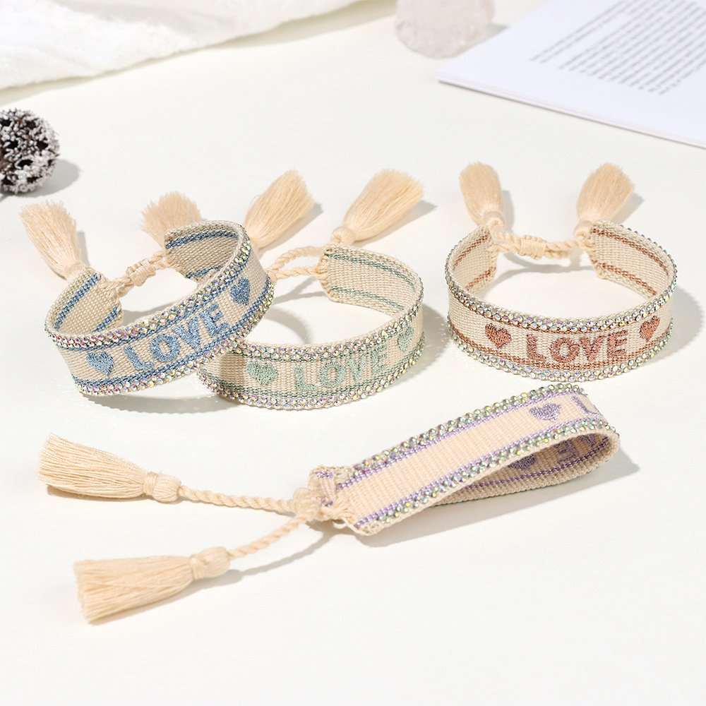 Handmade Rhinestone Braided Bracelet Embroidered Letter Couple Friendship Fringe Wristband Jewelry