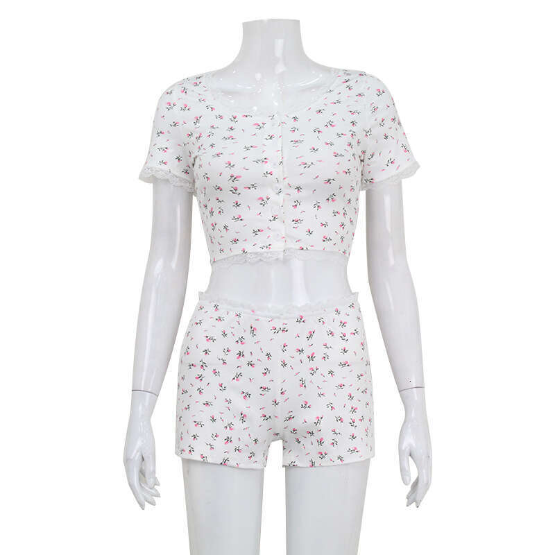 Women's Fashion Summer New Short Sleeve Slim Fit Floral Print Top Spicy Girl Style Trendy Shorts Set B5