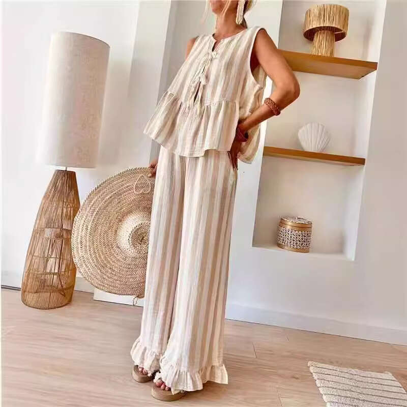 Temu Tie 2-Piece Set Striped Front Open Vest Top Wide-Leg Casual Pants Summer B5