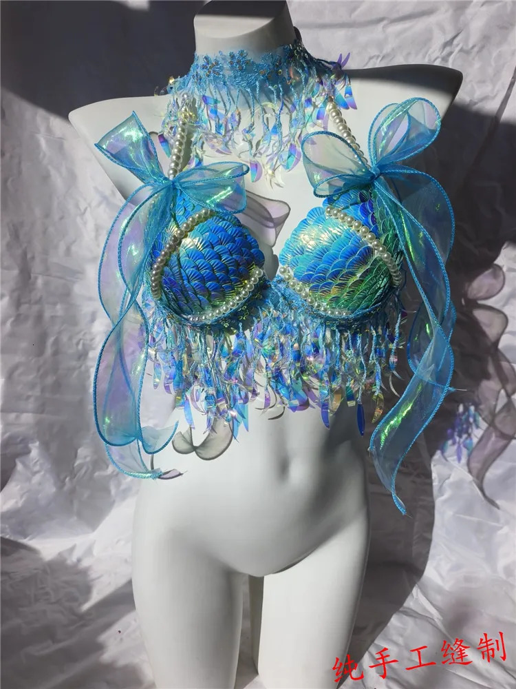 RM Handmade Mermaid Sequin Shell Bikini Top Bra Oceanarium Bar Table Performance Costume Fishtail Leather 250530