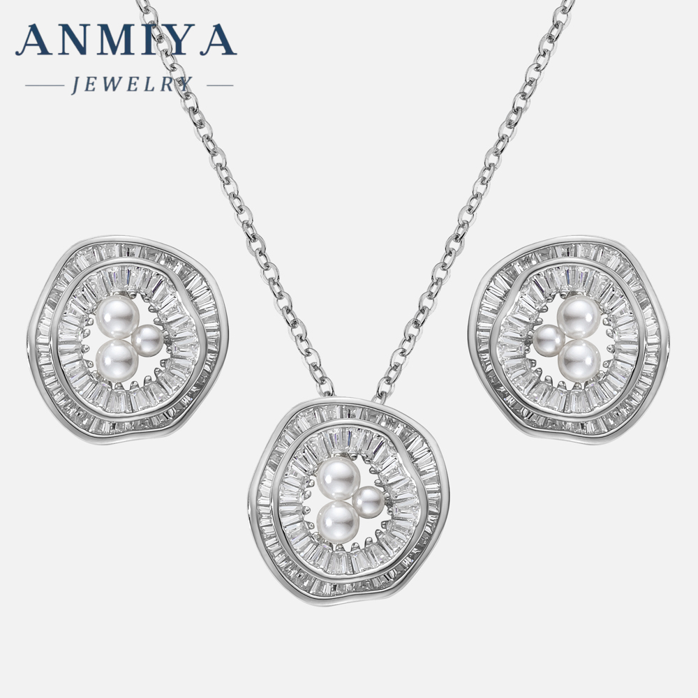 Fine Jewelry Freshwater Pearl 18K Gold Plated Zircon Flower Pendant Necklace Stud Earrings Jewelry Set for Women