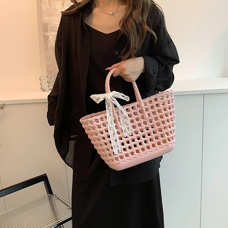 Womens PVC Candy Color Woven Handbag Causal Tote Bags Fashion Large Capacity Vegetable Basket Bag Plastic Handle Beach Bag 250605