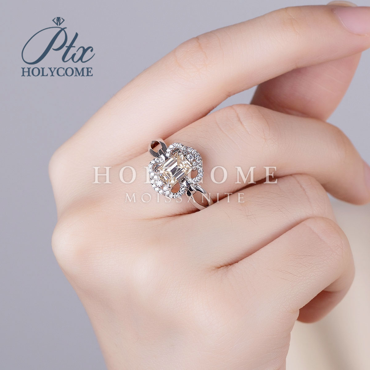 Wholesale High Quality Women Bulk Fashion Flower S925 Silver Champagne 5x7mm 1ct Luxury Emerald Cut Diamond Moissanite Ring