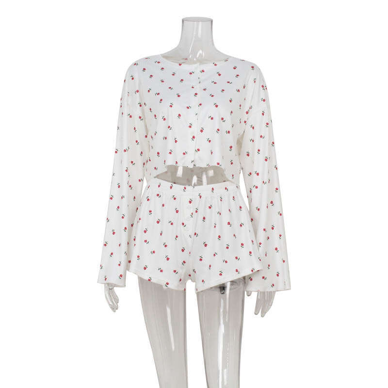 Fashion Printed Round Neck Long Sleeve Cardigan Waist-Exposing Top Loose Casual Shorts Set For Women B5