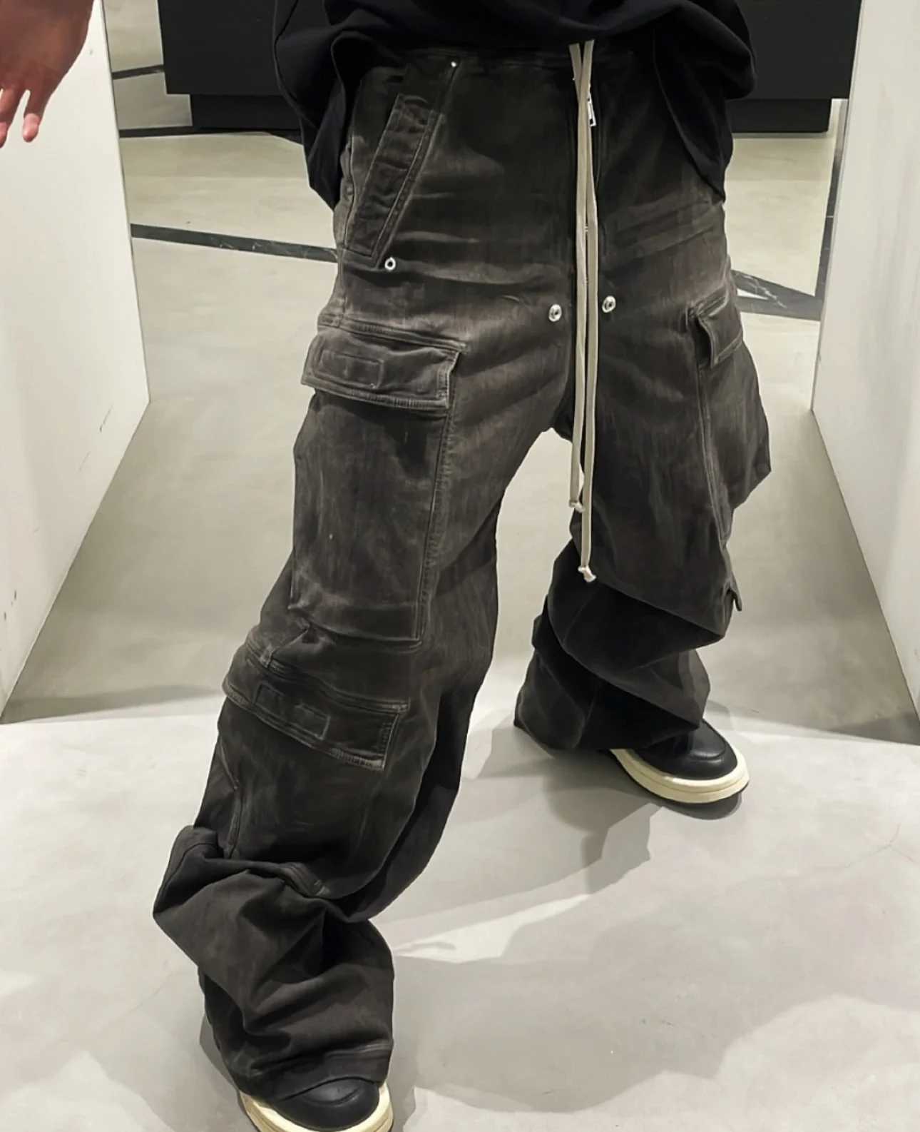 Flare Denim Jeans Washed Gray Gradient Pocket Crane Pants Straight Owen Casual Drawstring Loose Jeans Z250605