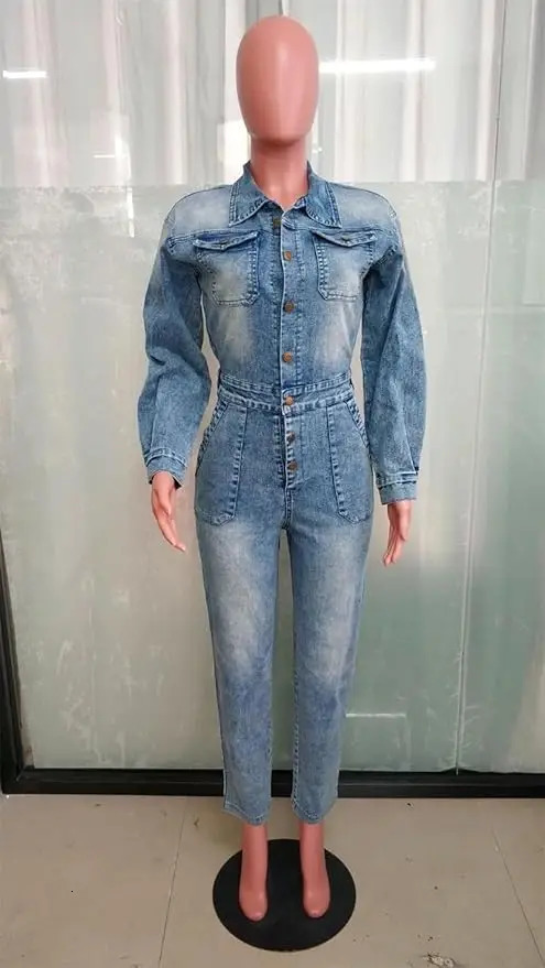 Womens Slim Fit Denim Jumpsuit - Long Sleeve Sexy Button Front with Pockets Casual Streetwear Outfit 250530