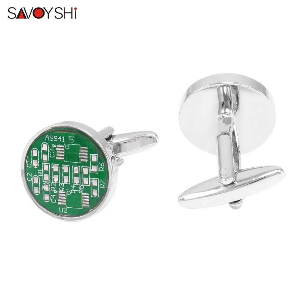 SAVOYSHI Newest Real Circuit Board Cufflinks For Mens Shirt Cuff buttons High Quality Round Cuff links Gift Free Engraved Name W250606